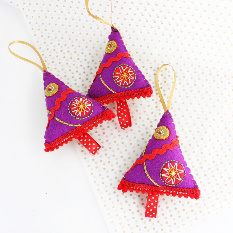Colourful Christmas Tree Decoration, Hand Embroidered Felt Holiday Decor, Single or Set of Five Trees image 5