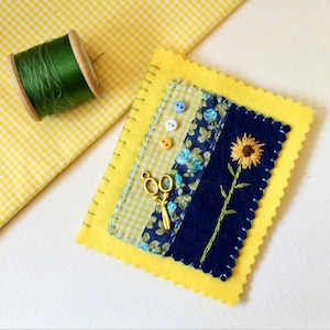 Sunflower Yellow Needle Case, Embroidered Felt Needle Book, Seamstress Gift