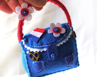 Blue Pin Cushion with French Flag, France Pincushion, Patriotic Decor, Felt Handbag Pincushion with Tricolour, Sewing Collectible