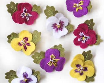 Pansy Brooches, Hand Embroidered Felt Pansy Brooch Available in Purple, White, Yellow and Fuchsia Pink, Floral Gift, Viola Flowers