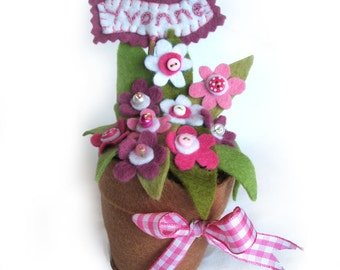 Personalized Pink Felt Flower Pot: Friendship Gift, Desk Decor