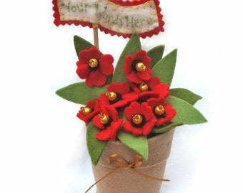 Red Felt Flowers in a Pot, Personalised Milestone Birthday Gift for Poppy Collector, Made To Order