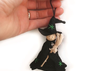 Happy Halloween Cute Witch Hanging Decoration with Witches Broomstick, Choose from 3 different colours, Felt Witch Ornament, Halloween Decor