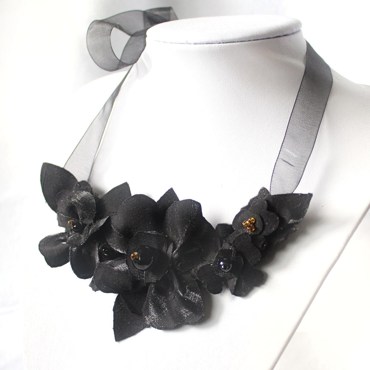 Black Flower Ribbon Necklace, Elegant Gothic Necklace For Evening Wear, Halloween & Special Occasions