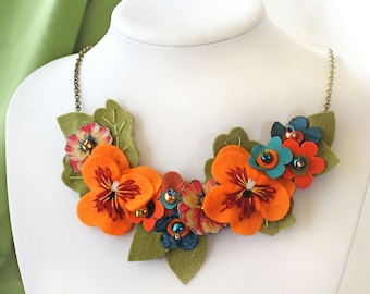 Colourful Statement Necklace, Orange Pansies, Tangerine, Teal and Terracotta Fabric and Felt Flowers, Summer Jewellery