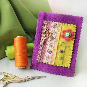 Sewing Needle Case, Purple Felt Needle Book with Hand Embroidered Flowers & Applique Design, Dress Making Gift