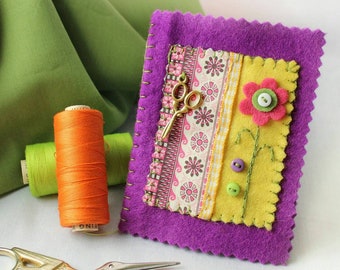 Sewing Needle Case, Purple Felt Needle Book with Hand Embroidered Flowers & Applique Design, Dress Making Gift