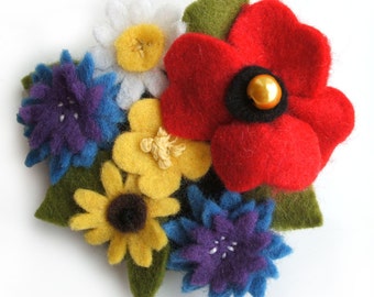 Wildflower Felt Brooch, Cornflower, Poppie, Buttercup, Daisies Flower Brooch, Felt Flowers Pin, Floral Jewellery, Unique Gift For Her