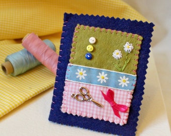 Sewing Needle Case with Embroidered Daisies, Navy Blue Felt Needle Book, Seamstress Gift