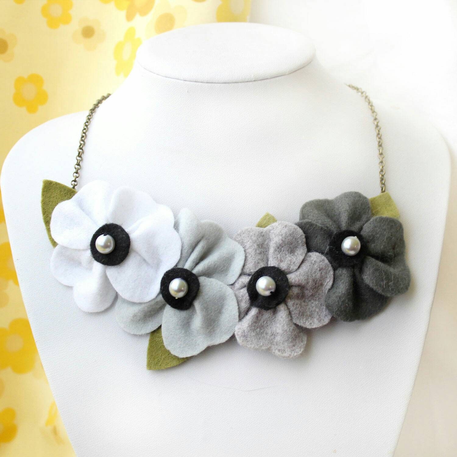 Grey & White Statement Necklace With Felt Flowers & Glass Pearls