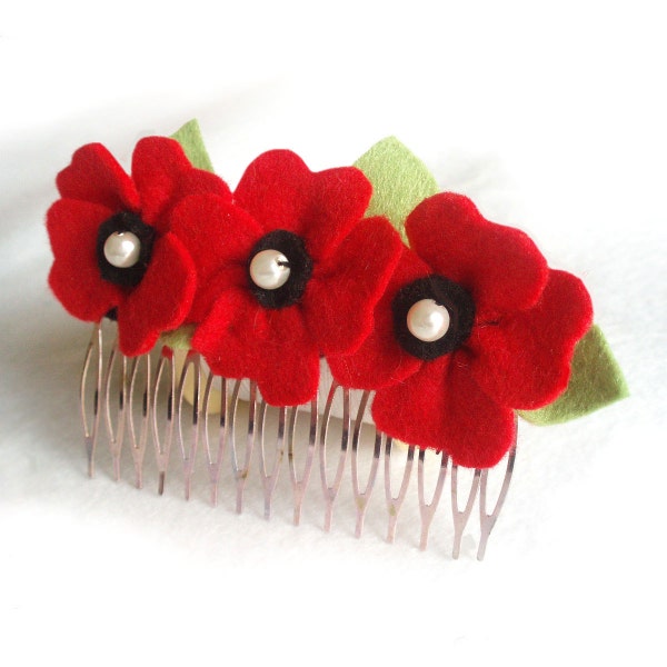 Peine de pelo de amapolas rojas brillantes, accesorio floral para el cabello con flores de fieltro rojo y perlas de vidrio