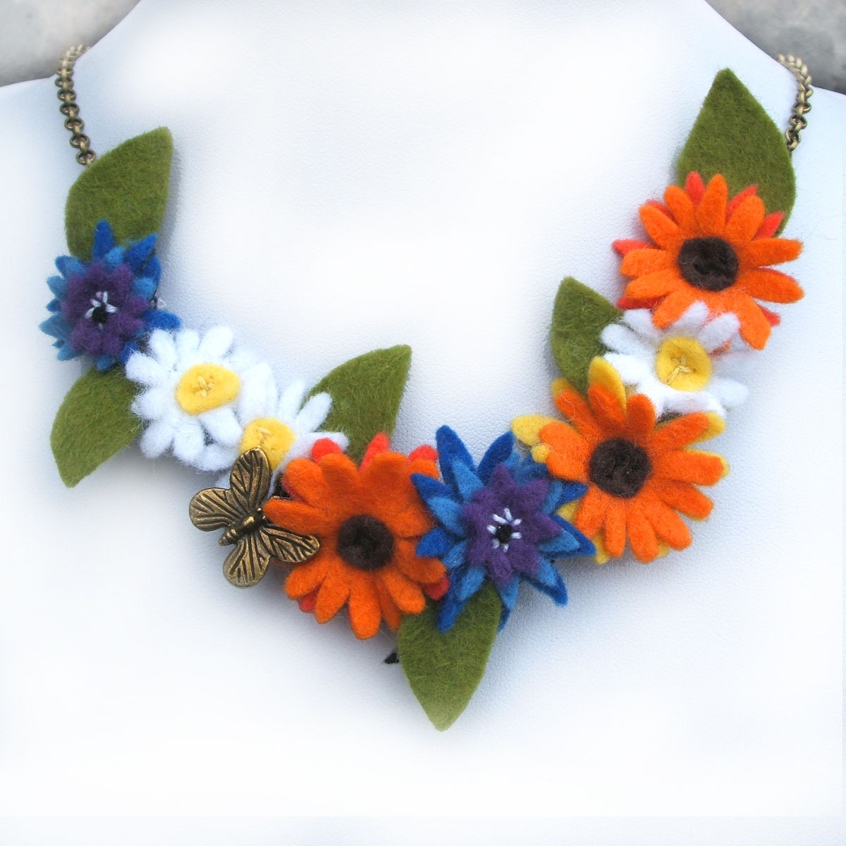 Wildflower Bib Necklace, Orange Marigold, Cornflower, Daisy, Felt Flower Summer Jewelry