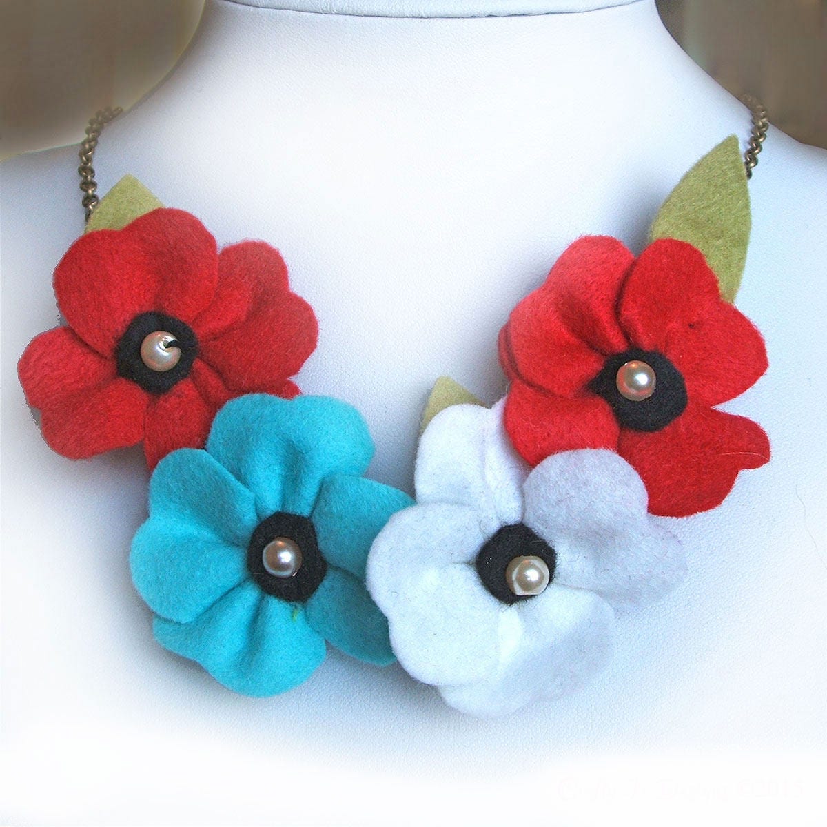 Colourful Bib Necklace, Red White & Blue Felt Flower Statement Mixed Colours Floral Jewellery, Unique Accessory For Her