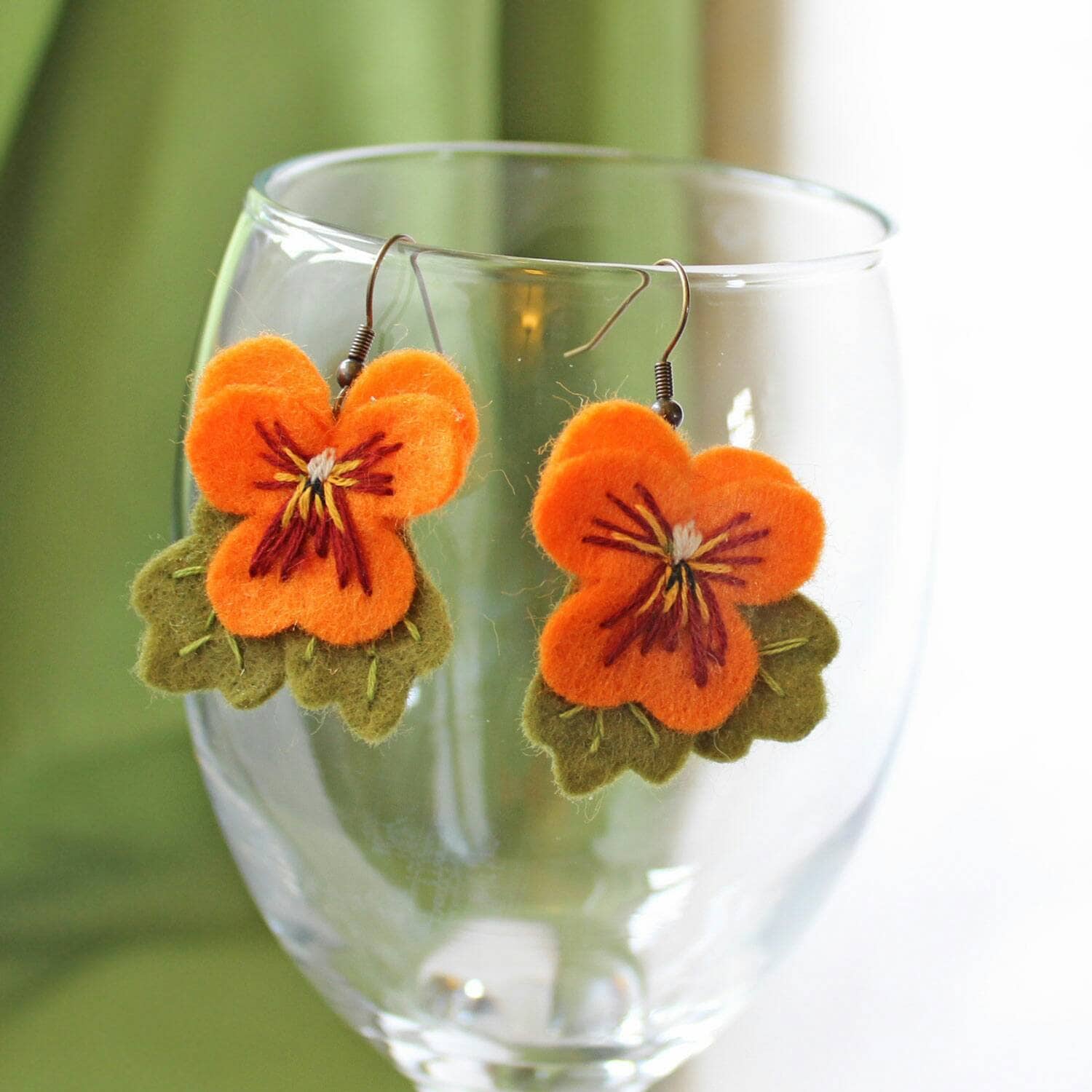 Orange Pansy Dangle Earrings, Hand Embroidered Felt Flower Summer Jewellery