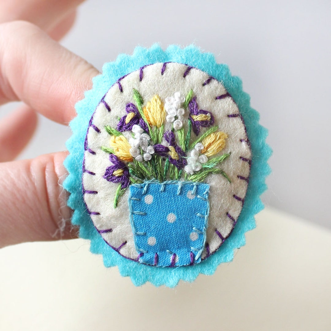 Iris Flower Felt Brooch With Yellow Tulips, White Lily of the Valley