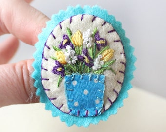 Iris Flower Felt Brooch with Yellow Tulips, White Lily of The Valley & Purple Irises, Hand Embroidered Spring Flowers Pin, Mothers Day