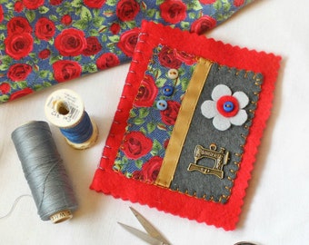 Felt Needle Book, Bright Red and Gray Sewing Needle Case with Blue and Red Rose Applique Design, Practical Hand Sewing Needlecraft Gift