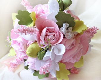 Pink & White Cotton Rose Bouquet: Handmade Wedding Keepsake
