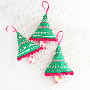 Colourful Christmas Tree Decoration, Hand Embroidered Felt Holiday Decor, Single or Set of Five Trees image 4