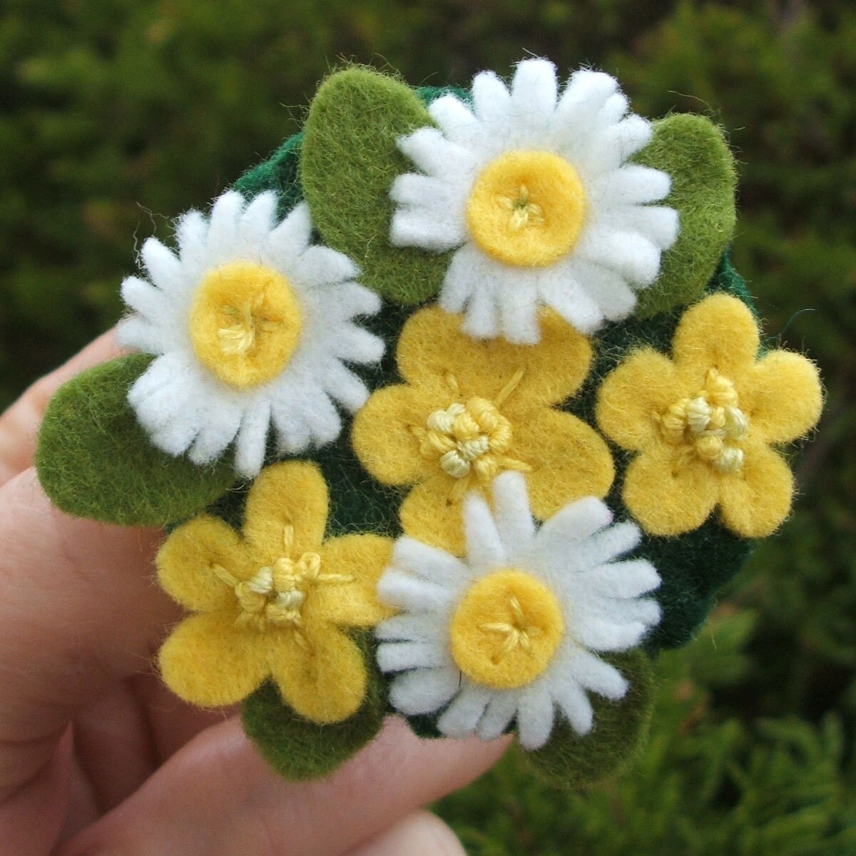 Buttercup & Daisy Flower Felt Brooch, Hand Embroidered Yellow White Floral Pin