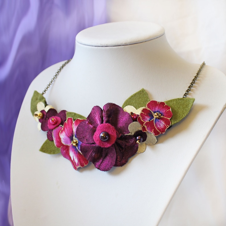 Cerise Pink Statement Necklace, Magenta Pansy Fabric Flower Jewellery, Bold Accessory, Striking Gift for Her image 4