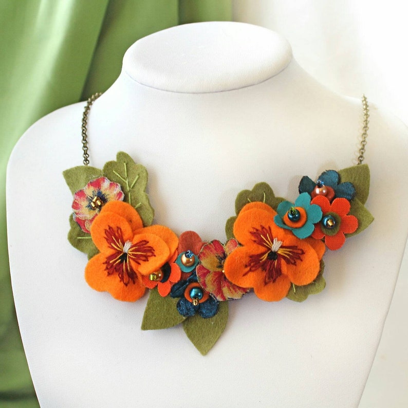 Colourful Statement Necklace with Hand Embroidered Orange image 1