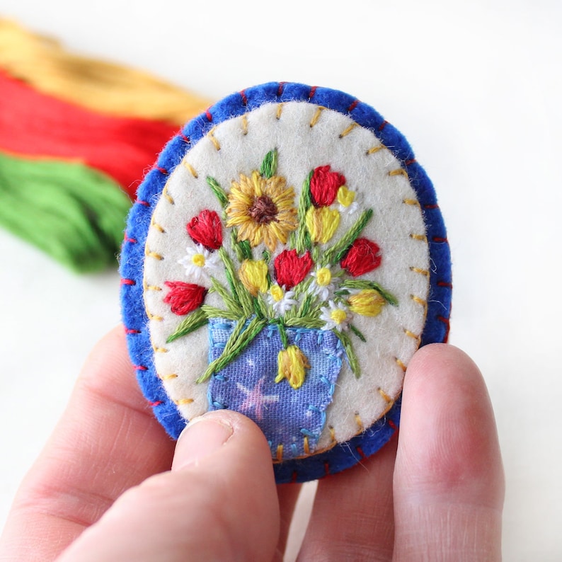 Hand Embroidered Mixed Flowers Felt Brooch with Sunflower Red and Yellow Tulips and Daisies Botanical Embroidery Art Small Brooch