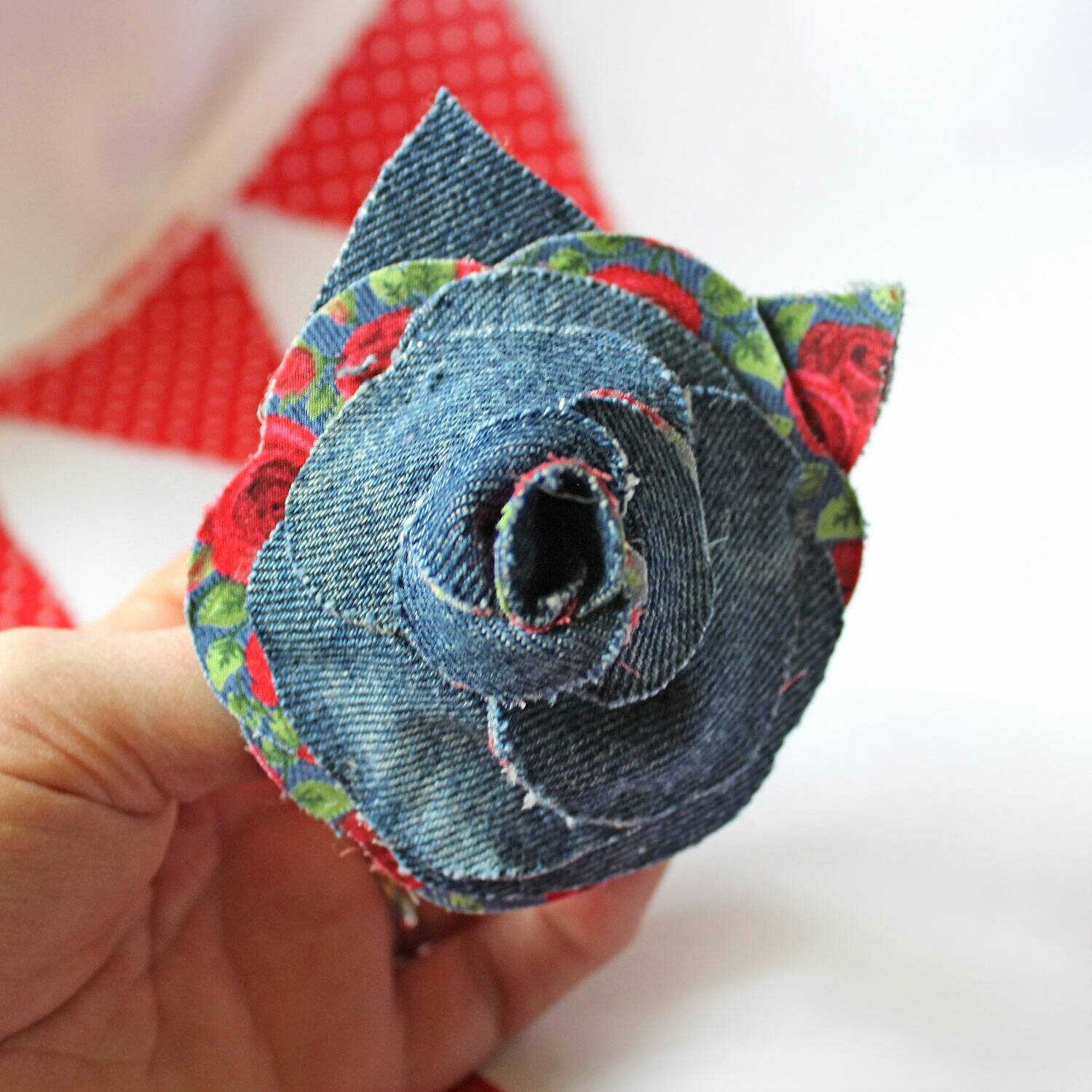 Large Upcycled Denim Rose Brooch, Hand Sewn Flower Corsage, Recycled Jeans Brooch For Jacket Or Coat