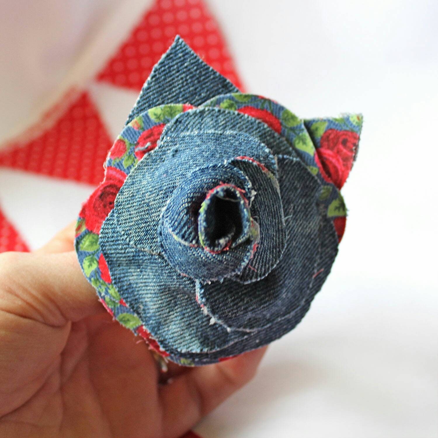 Large Upcycled Denim Rose Brooch Hand 