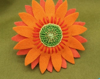 Orange Flower Brooch, Big Gerbera Daisy Corsage, Summer Accessory