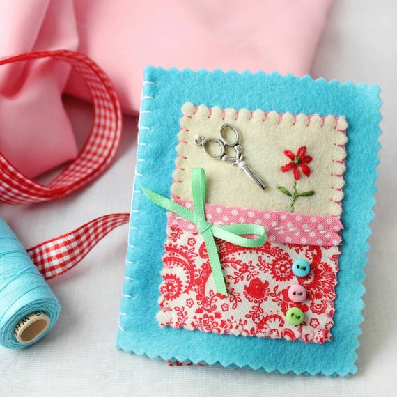 Needle book Seagull embroidery sewing needle case gift for sewer white linen fabric handmade stitch 6 blue felt pages