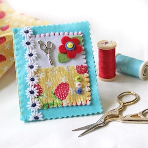 Sewing Needle Case, Blue Felt Needle Book with an Appliqued Floral Design, Seamstress Gift