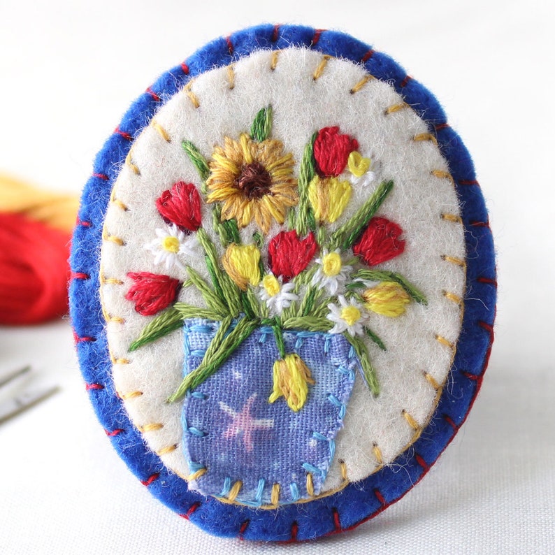 Hand Embroidered Mixed Flowers Felt Brooch with Sunflower Red and Yellow Tulips and Daisies Botanical Embroidery Art Small Brooch