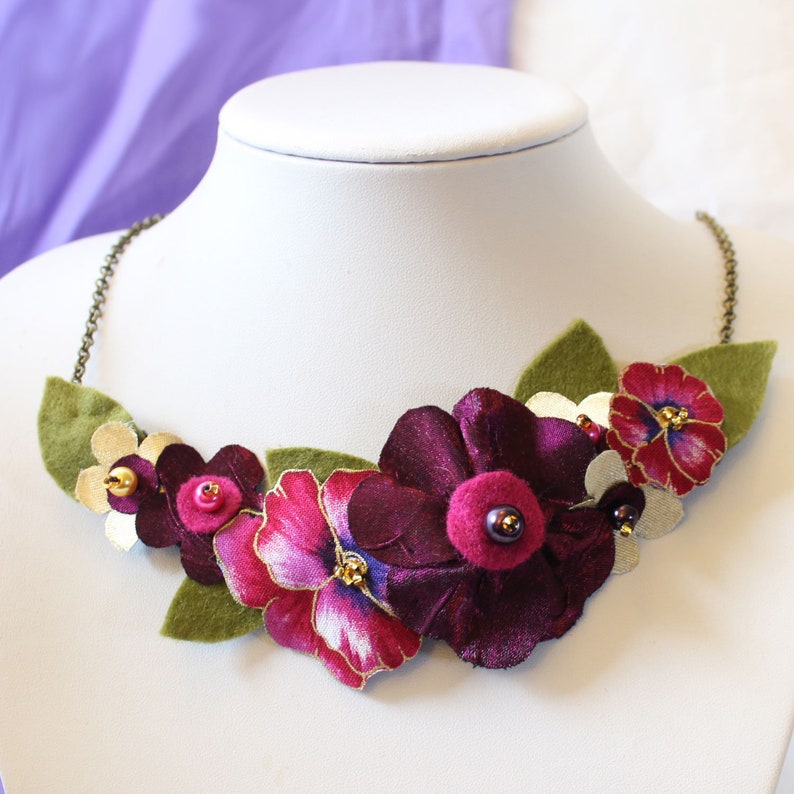 Cerise Pink Statement Necklace, Magenta Pansy Fabric Flower Jewellery, Bold Accessory, Striking Gift for Her image 7