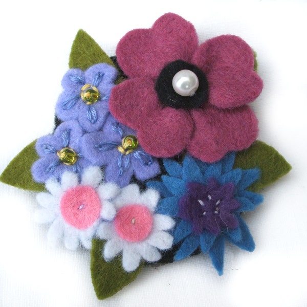 Flower Brooch, Meadow Flowers Felt Brooch, Forget Me Nots, Cornflowers, Daisies, Poppy Flower Brooch, Felt Flower Pin, Floral Jewellery