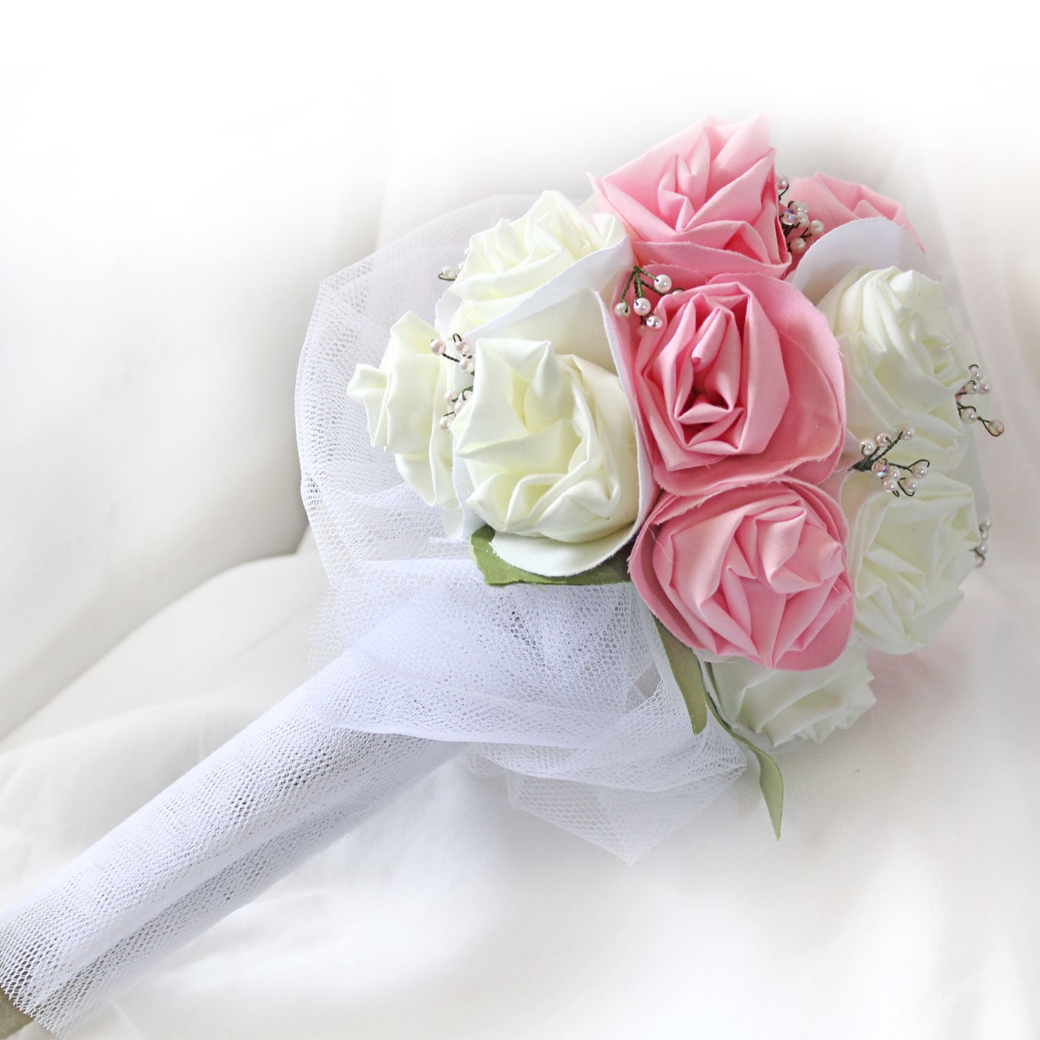 Fabric Flower Bouquet with Pink and Ivory Roses and Etsy