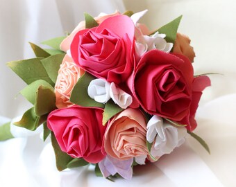 Small Cotton Flower Bouquet, Peach Roses, Garden Wedding Bridesmaid Posy, Made to Order