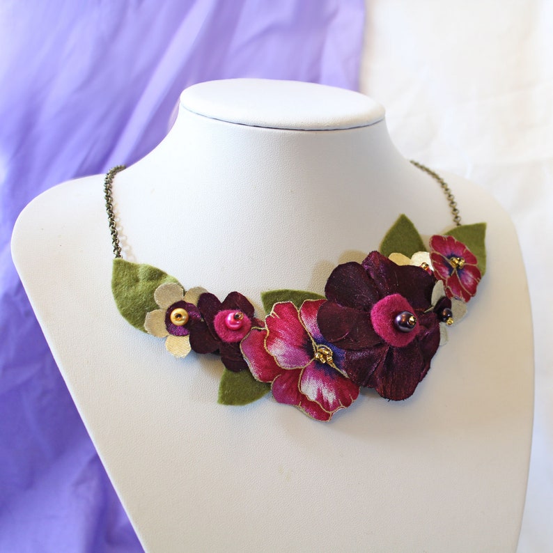 Cerise Pink Statement Necklace, Magenta Pansy Fabric Flower Jewellery, Bold Accessory, Striking Gift for Her image 3