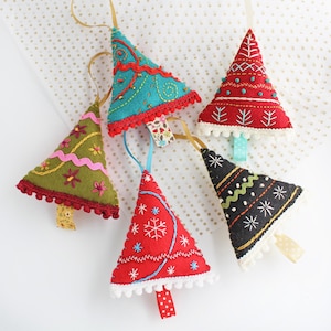 Colourful Christmas Tree Decoration, Hand Embroidered Felt Holiday Decor, Single or Set of Five Trees image 9