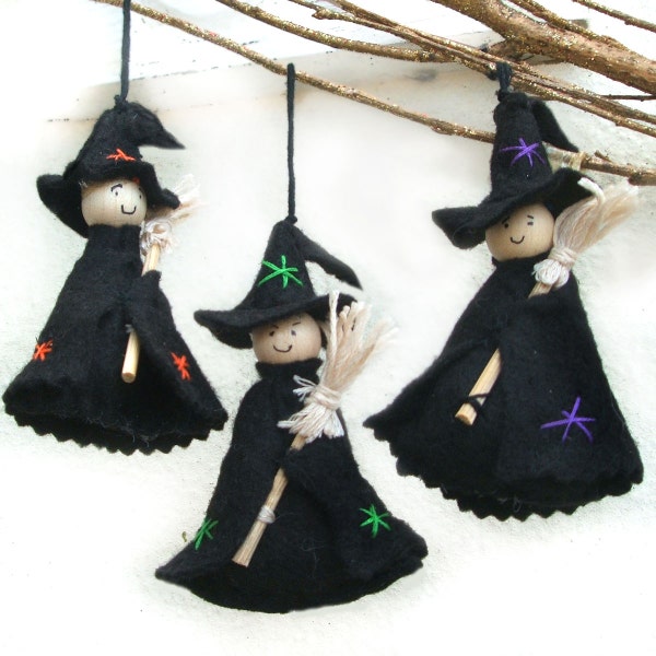 Cute Halloween Witch Ornaments with a Tiny Broomstick, Halloween Witch Hanging Decorations, Set of Three Alternative Christmas Decorations