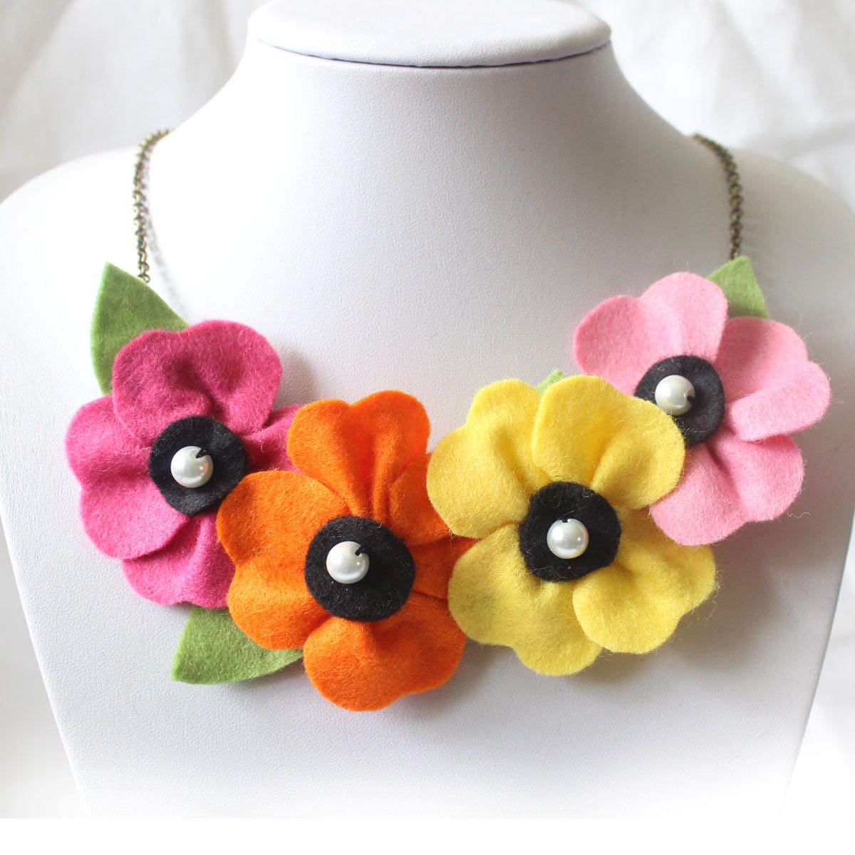 Colourful Poppy Necklace, Pink, Yellow & Orange Felt Flower Summer Jewellery