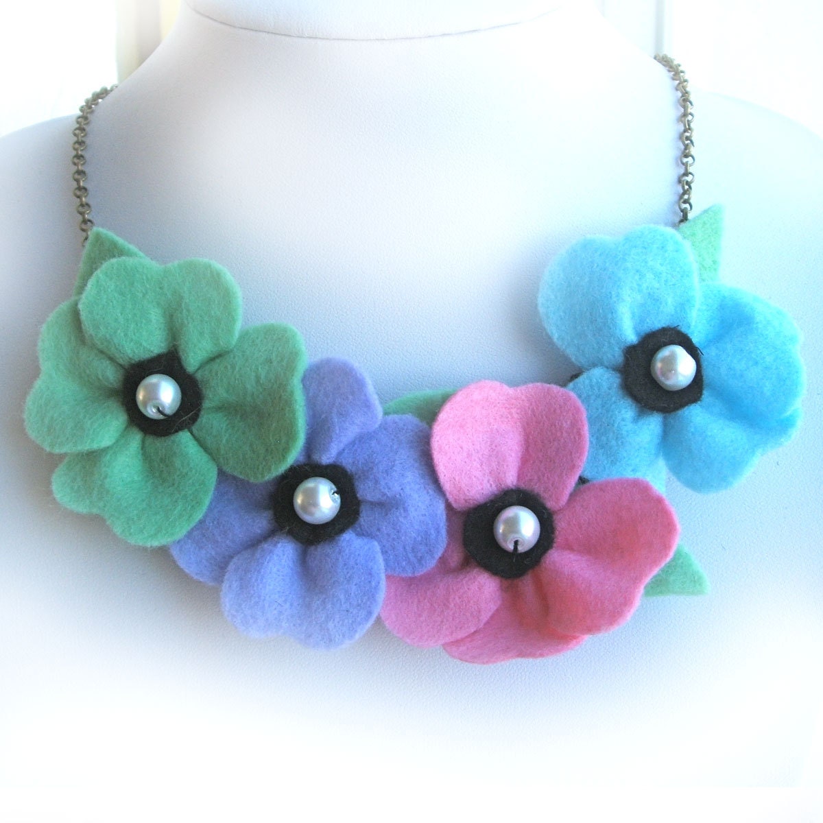Pastel Poppy Bib Necklace, Goth Felt Flowers Statement Necklace in Pale Colours, Girlie Girl Jewellery