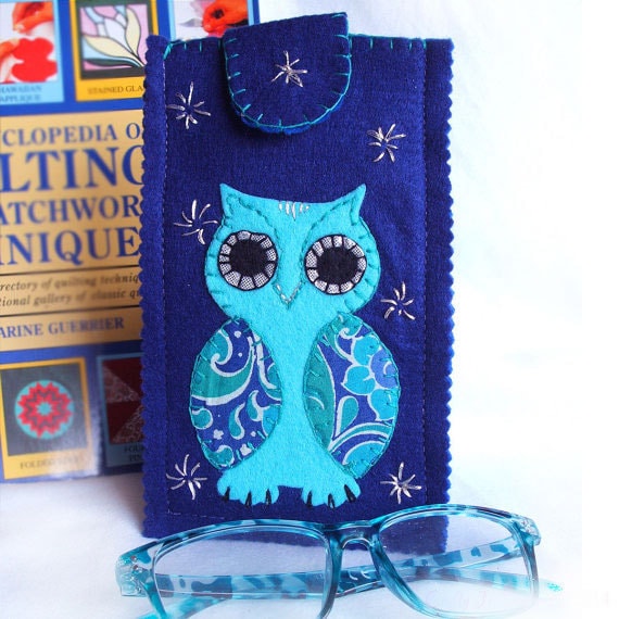 Felt Owl Eye Glasses Case, Decorative Purple Spectacle Pouch With Bright Blue & Silver Stars, Personalised Gift Option