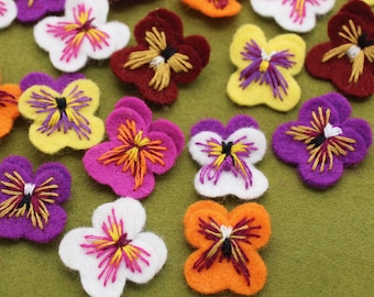 Felt Pansies, Flower Motifs, 2.5cm Decorative Embellishments, Sets of 3 and 4