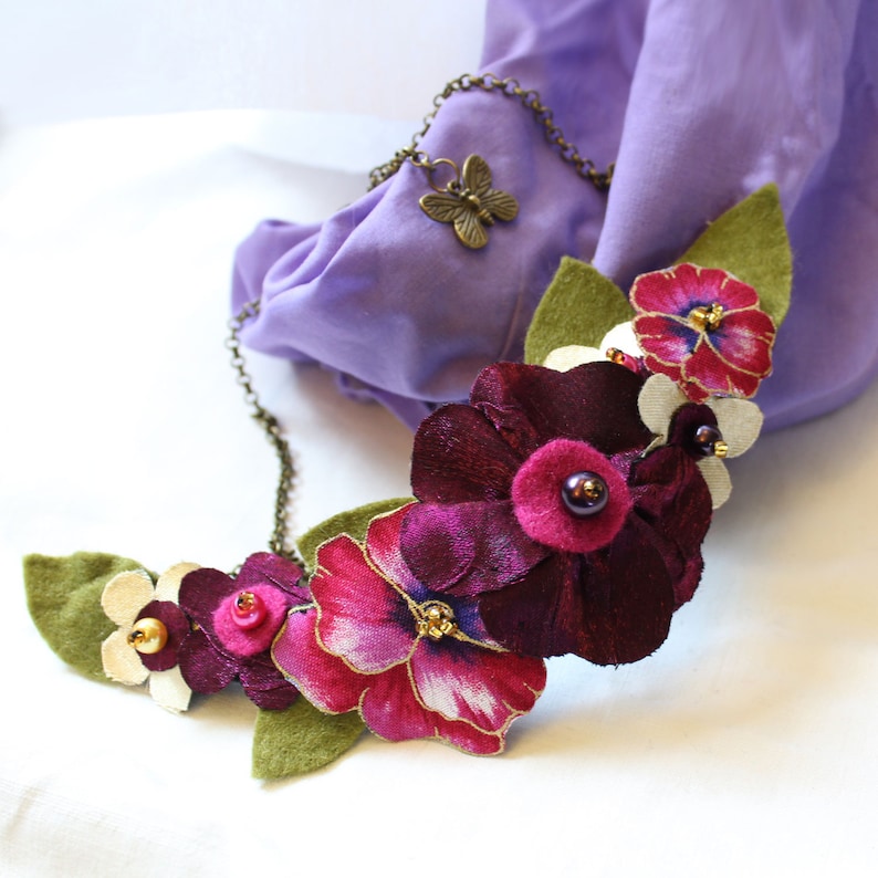 Cerise Pink Statement Necklace, Magenta Pansy Fabric Flower Jewellery, Bold Accessory, Striking Gift for Her image 5
