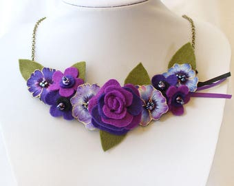 Purple Rose and Pansies Bib Necklace, Floral Statement Jewellery, Felt and Fabric Flower Accessory, Gift for Her