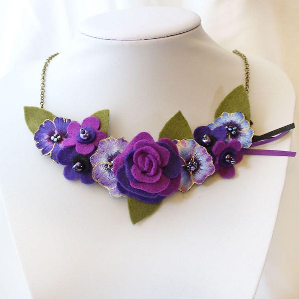 Purple Rose and Pansies Bib Necklace, Floral Statement Jewellery, Felt and Fabric Flower Accessory, Gift for Her