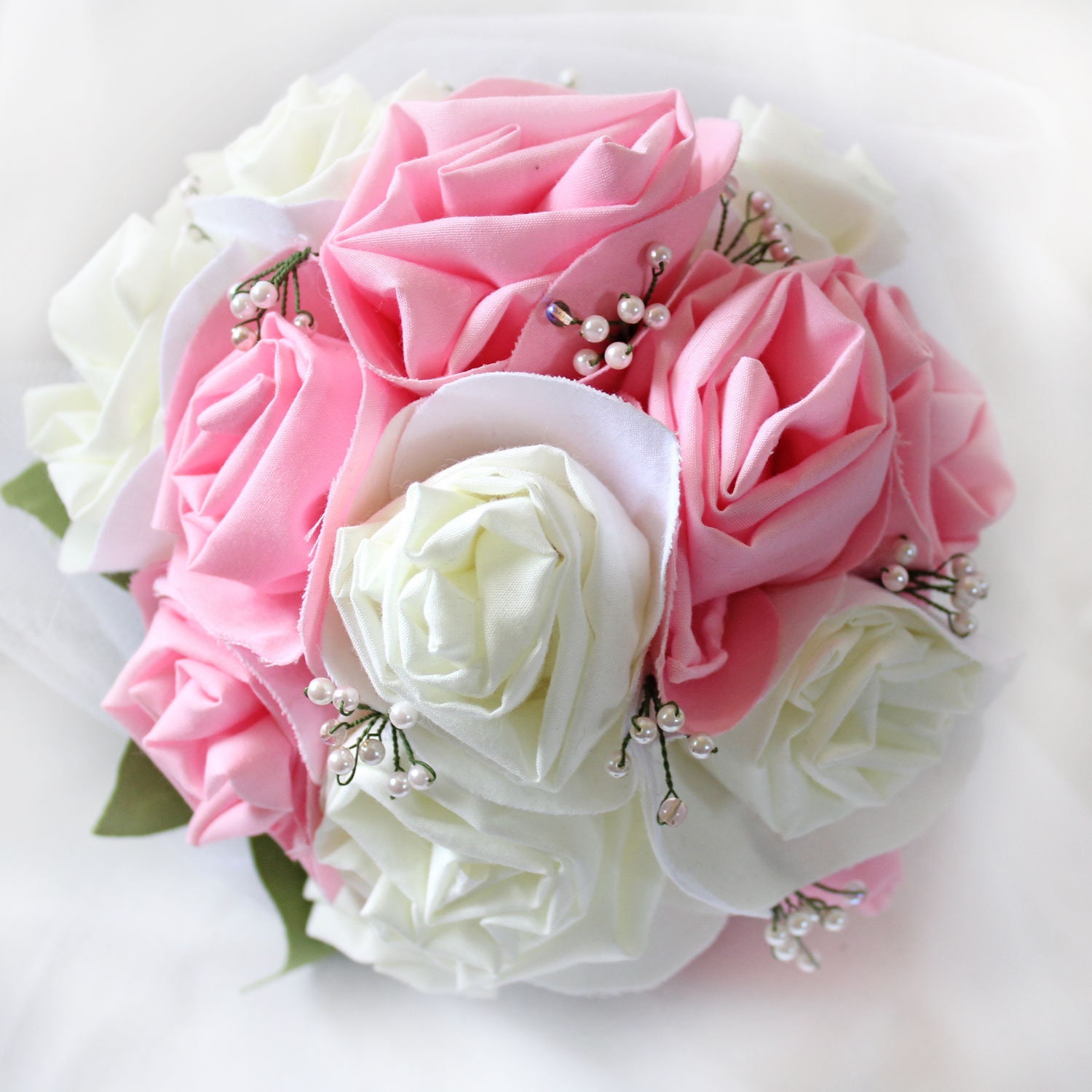 Fabric Rose Bouquet, Pink and Ivory, Cotton Anniversary Gift, Made