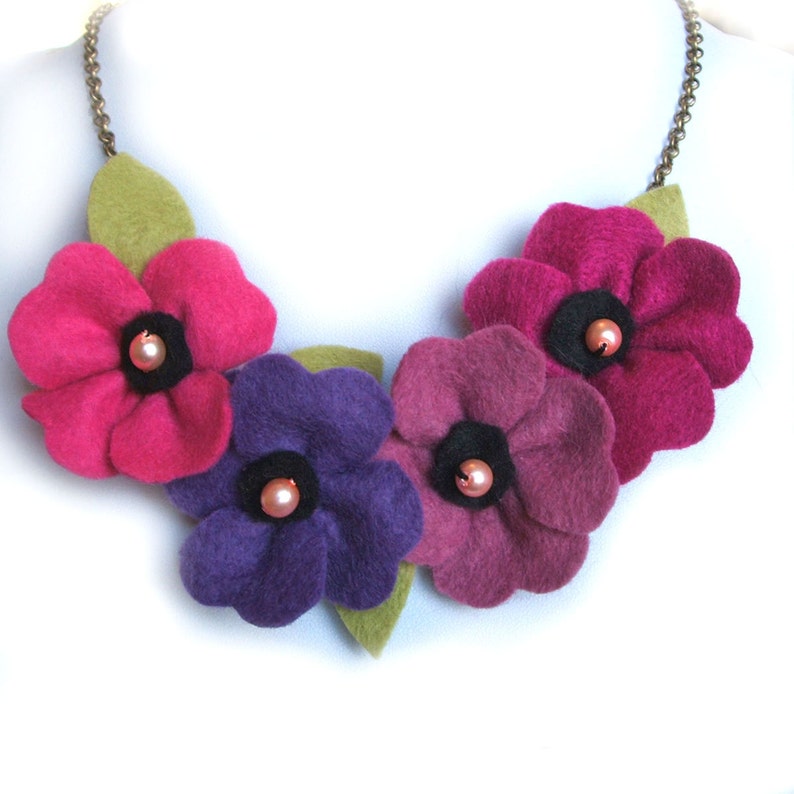 Pink and Purple Statement Necklace, Berry Colour Poppy Bib Jewellery, Summer Flower Accessory image 1