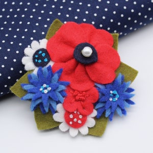 Red White and Blue Felt Flower Brooch, Poppies and cornflowers, large handmade pin